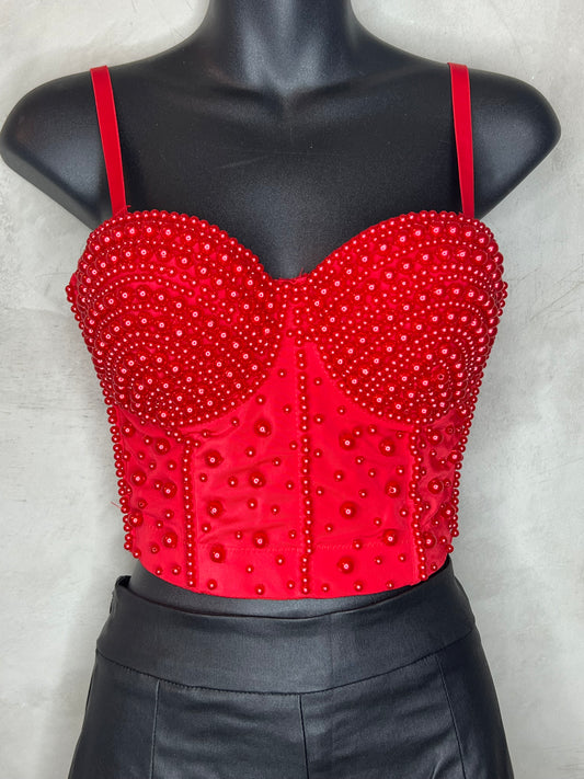 BUSTIER ROJO CON PERLAS ROJAS