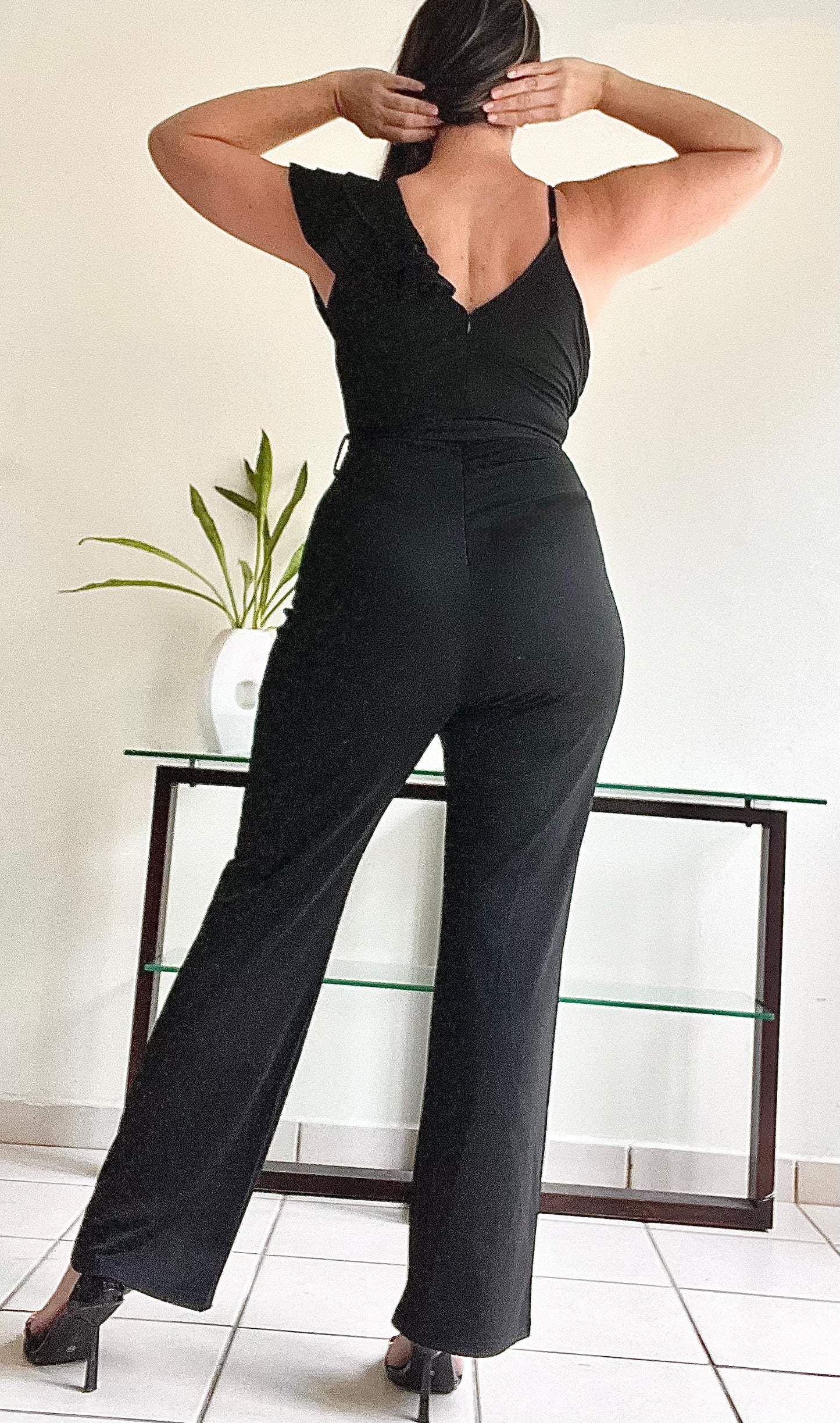 RUFFLED ONE SHOULDER BLACK JUMPSUIT