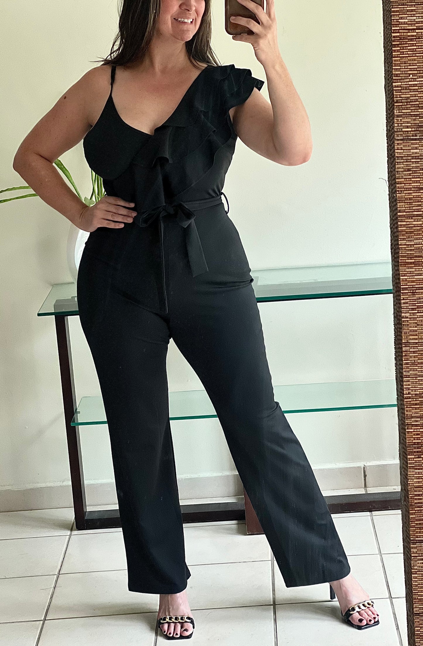 RUFFLED ONE SHOULDER BLACK JUMPSUIT